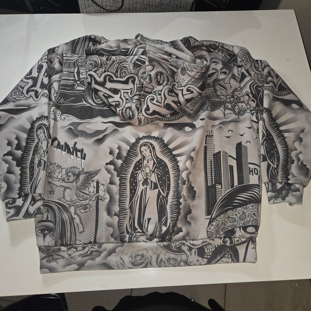 FB County Mens Chicano Tattoo All Over Print Hoodie Grey Virgin Mary Lowrider M - Picture 2 of 8